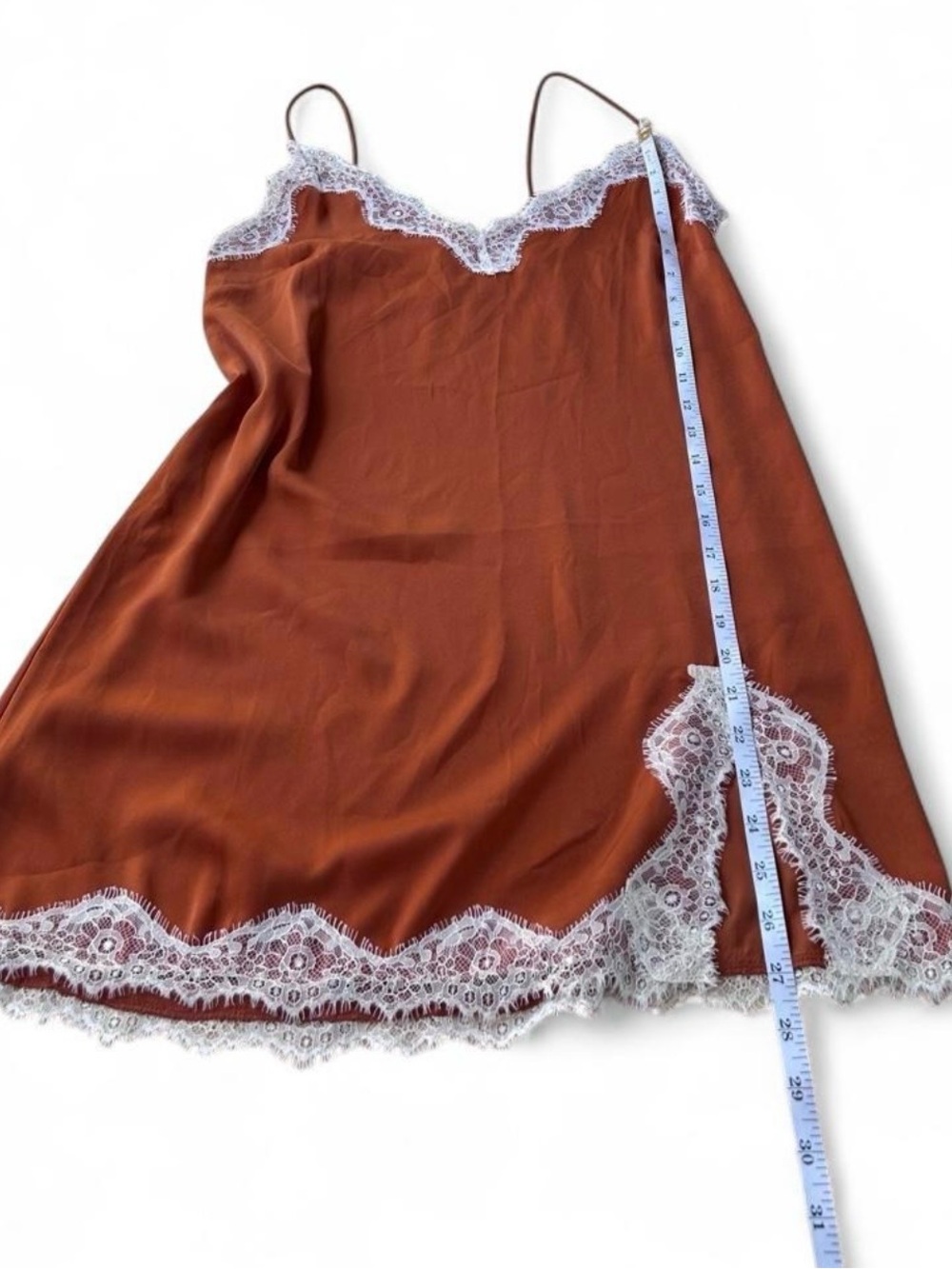 Burnt Orange Lace Shirt Slip Dress Cami White Eyelash Lace Trim Size Small - Picture 5 of 8